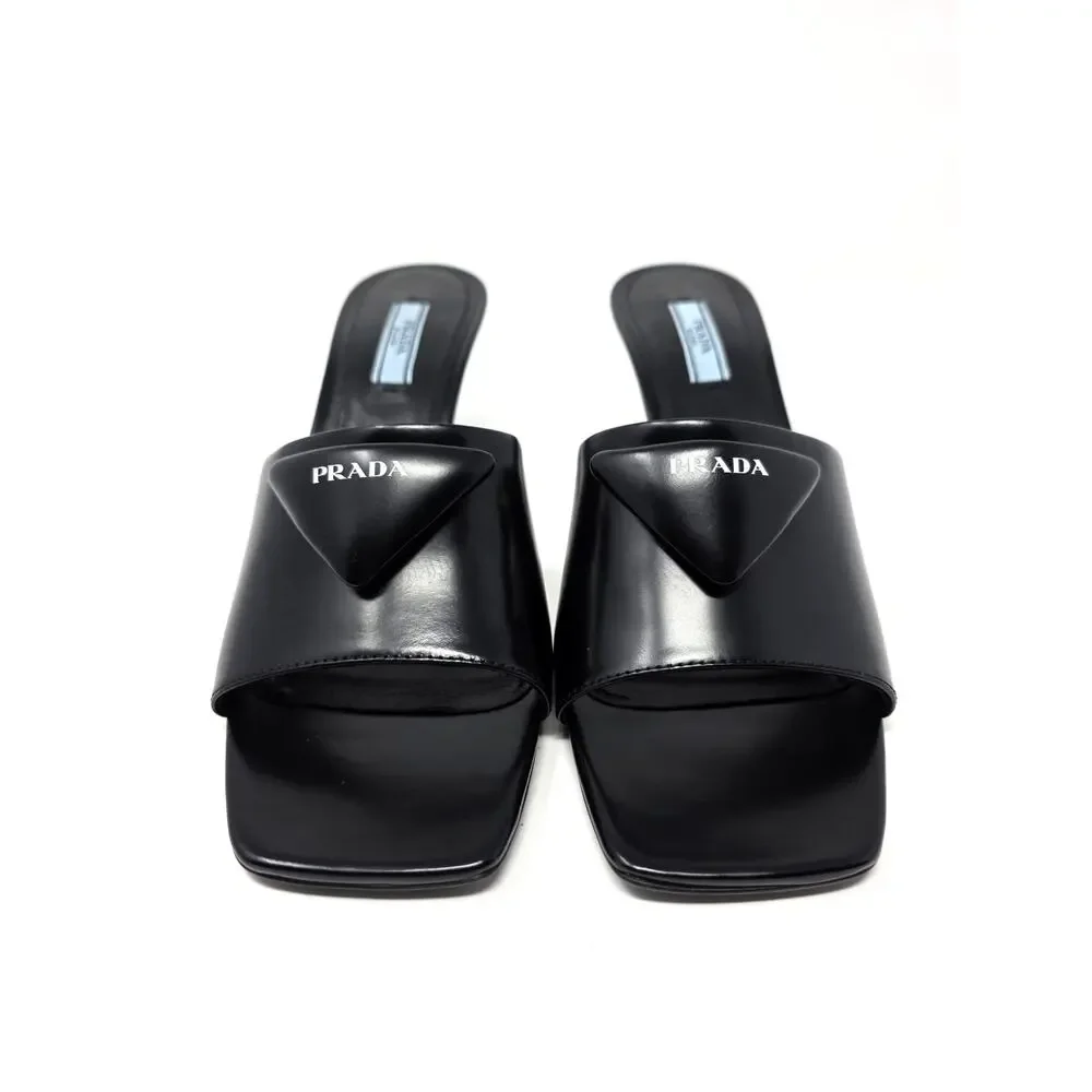 Prada Black Leather Triangle Logo Mule Slide Sandals Square Open Toe Heels 39 9
